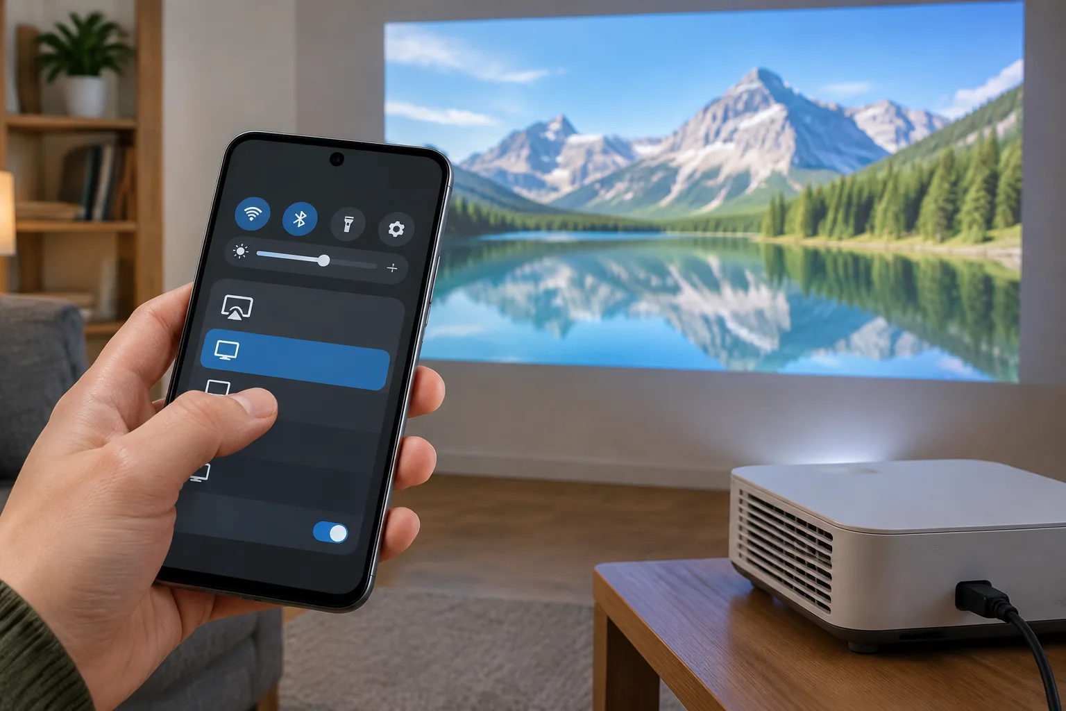 Як підключити Android через Miracast: На проєкторі запустіть Miracast, Wireless Display або відповідний режим Screen Mirroring.