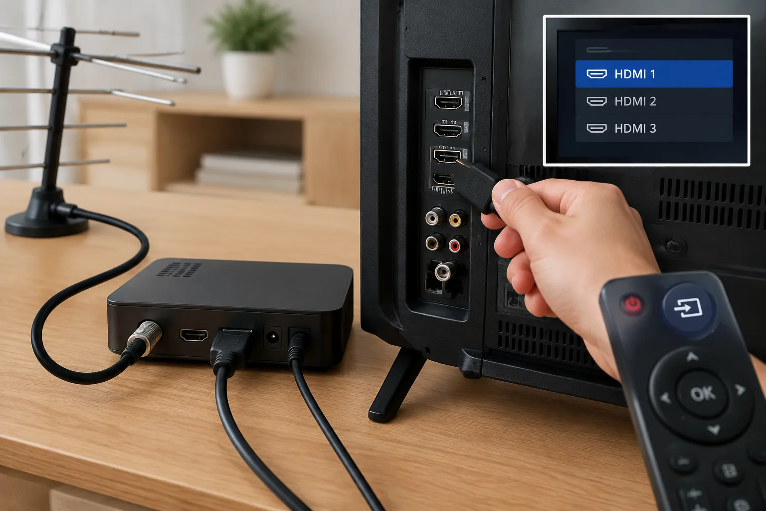 Сценарій 2. Зовнішня Т2-приставка підключається через HDMI: HDMI передає зображення і звук одним кабелем та є найзручнішим варіантом для телевізора без вбудованого D